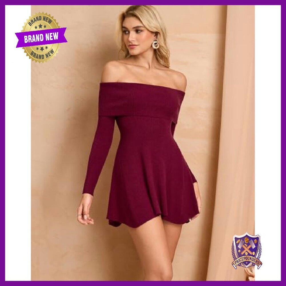 Off Shoulder Long Sleeve Mini Dress Knit A-Line Ruffle Cocktail - Picture 5 of 7